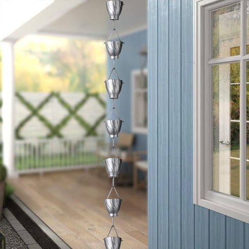 Aluminum Akira Cup Rain Chain Replacement Downspout for Gutters, Pewter Finish